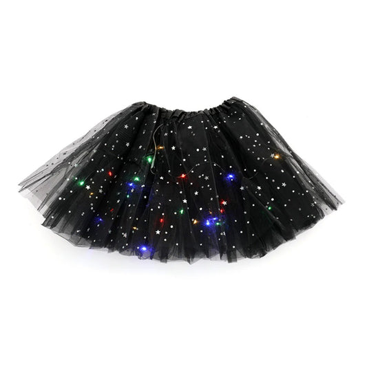 Fusta LED pentru Copii, Flippy, Tutu de Balet pentru Fetite cu Luminite Multicolore Incorporate, Model Stelute, 30 cm Lungime, Negru-0