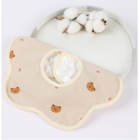 Baveta din Bumbac pentru Copii, Flippy, 0-12 Luni, Rezistenta la Apa, cu Capse, Design 3D, Model cu Ursuleti, Crem-0