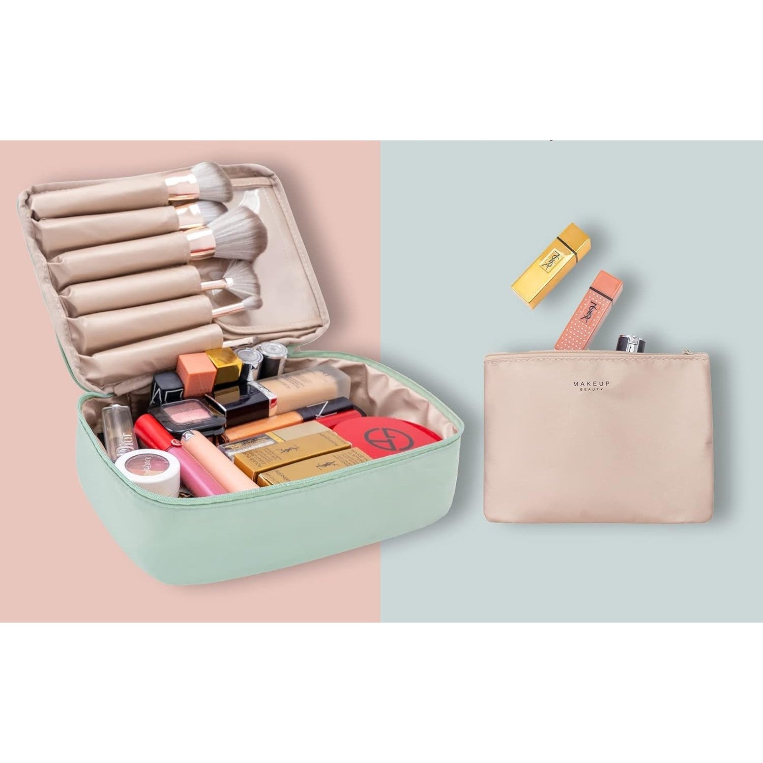 Geanta de Calatorie, Flippy, pentru Cosmetice si Articole de Toaleta, Material Impermeabil, 2 in 1, Portfard Interior Detasabil, 23 x 16 x 8 cm, Verde-2
