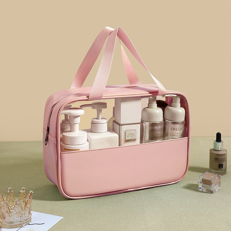 Geanta cosmetice Flippy, pentru voiaj sau organizare, material PVC/textil, impermeabila, portabila, 30 x 21 x 12 cm, roz-3