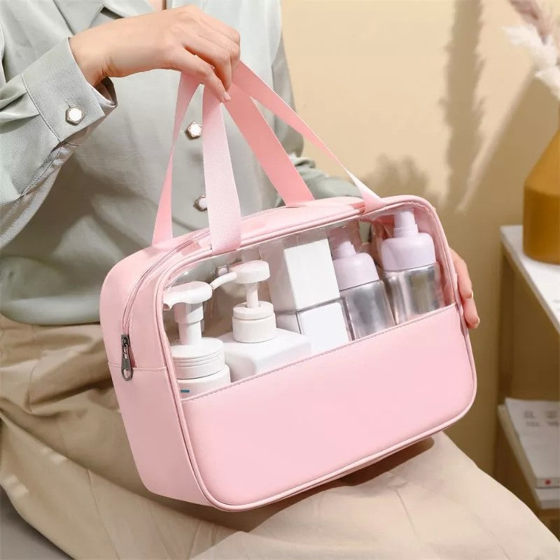 Geanta cosmetice Flippy, pentru voiaj sau organizare, material PVC/textil, impermeabila, portabila, 30 x 21 x 12 cm, roz-6