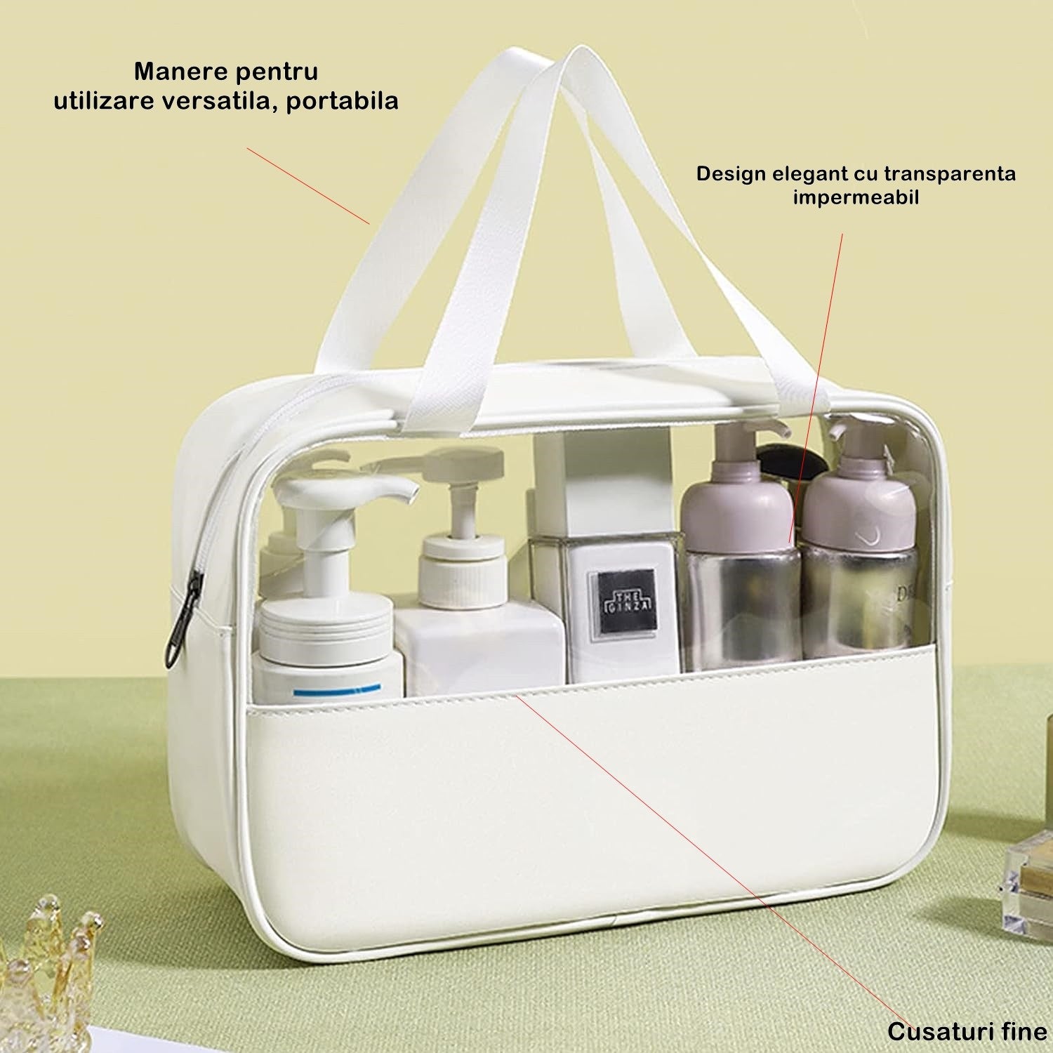 Geanta cosmetice Flippy, pentru voiaj sau organizare, material PVC/textil, impermeabila, portabila, 26 x 15 x 10 cm, alb-5