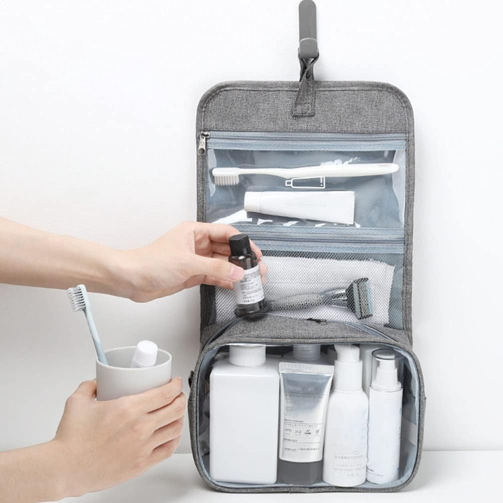 Geanta cosmetice voiaj, Flippy, material panza, impermeabil, 3 compartimente, cu agatatoare, Gri, 47 x 28 x 20   cm-0