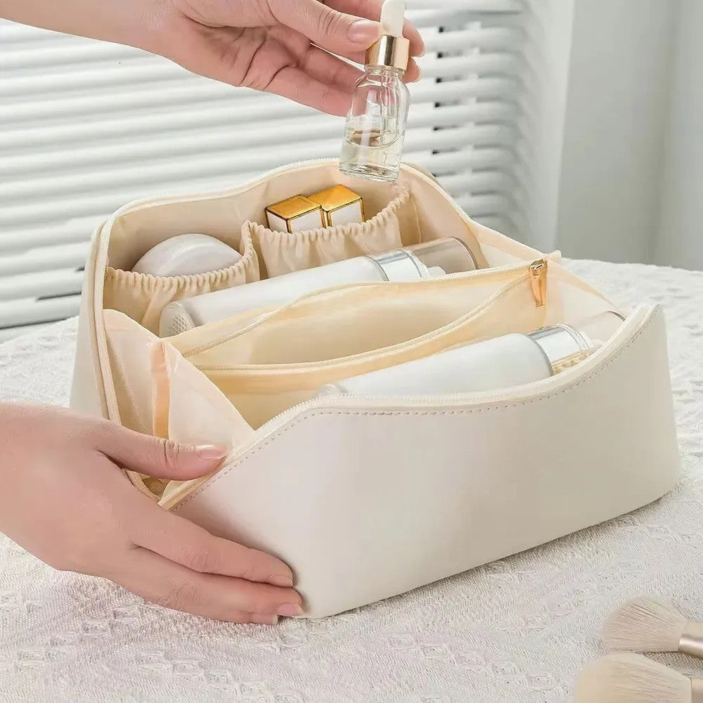 Geanta de Calatorie Flippy, Pentru Cosmetice, Portabila, Impermeabila, din Piele Ecologica, Compartimente Multiple, cu Fermoar, 23 x 11.5 x 10.5 cm, Crem-1