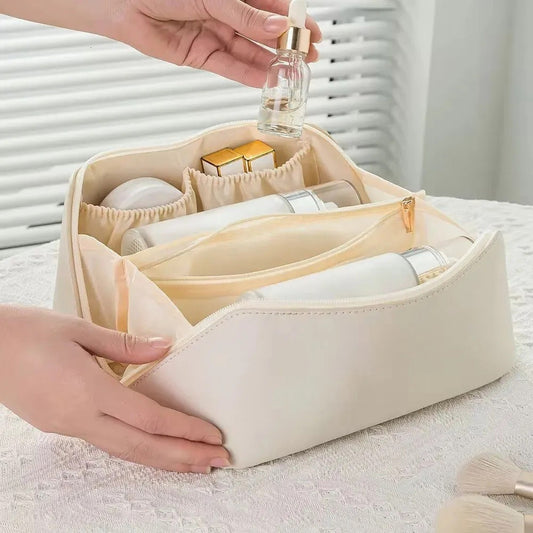 Geanta de Calatorie Flippy, Pentru Cosmetice, Portabila, Impermeabila, din Piele Ecologica, Compartimente Multiple, cu Fermoar, 23 x 11.5 x 10.5 cm, Crem-1