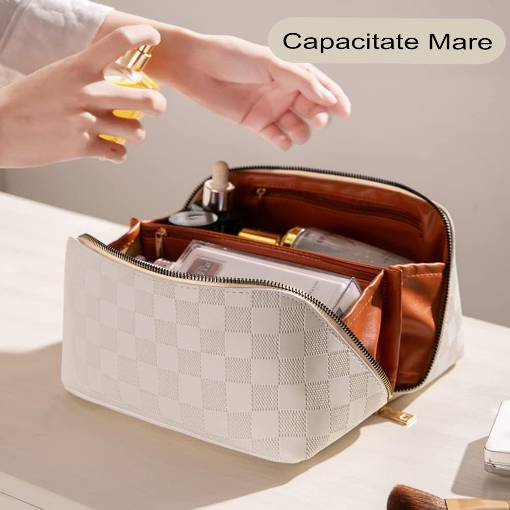 Geanta de Calatorie Flippy, Pentru Cosmetice, Portabila, Impermeabila, din Piele Ecologica, Compartimente Multiple, cu Fermoar, 22 x 13 x 12.5 cm, In Carouri, Crem-1