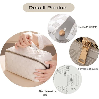 Geanta de Calatorie Flippy, Pentru Cosmetice, Portabila, Impermeabila, din Piele Ecologica, Compartimente Multiple, cu Fermoar, 22 x 13 x 12.5 cm, In Carouri, Crem-2