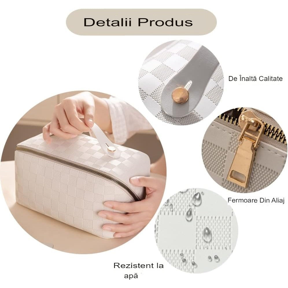 Geanta de Calatorie Flippy, Pentru Cosmetice, Portabila, Impermeabila, din Piele Ecologica, Compartimente Multiple, cu Fermoar, 22 x 13 x 12.5 cm, In Carouri, Crem-2
