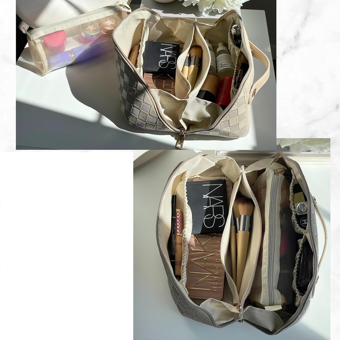 Geanta de Calatorie Flippy, Pentru Cosmetice, Portabila, Impermeabila, din Piele Ecologica, Compartimente Multiple, cu Fermoar, 22 x 13 x 12.5 cm, In Carouri, Crem-4