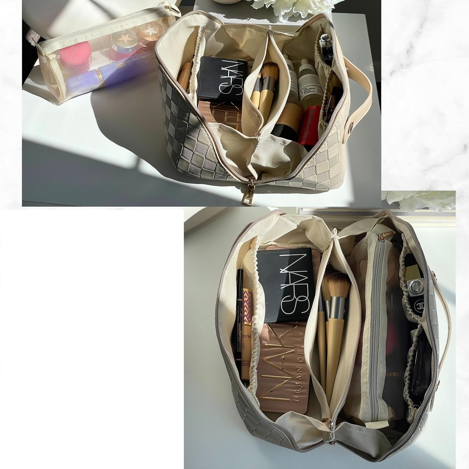 Geanta de Calatorie Flippy, Pentru Cosmetice, Portabila, Impermeabila, din Piele Ecologica, Compartimente Multiple, cu Fermoar, 22 x 13 x 12.5 cm, In Carouri, Crem-4