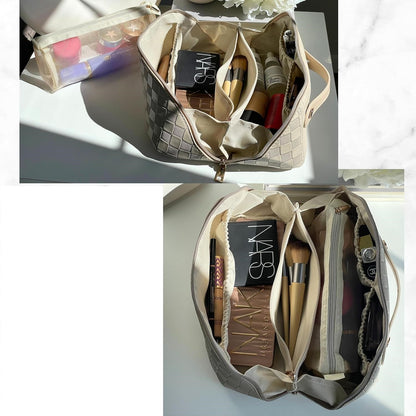 Geanta de Calatorie Flippy, Pentru Cosmetice, Portabila, Impermeabila, din Piele Ecologica, Compartimente Multiple, cu Fermoar, 22 x 13 x 12.5 cm, In Carouri, Crem-4