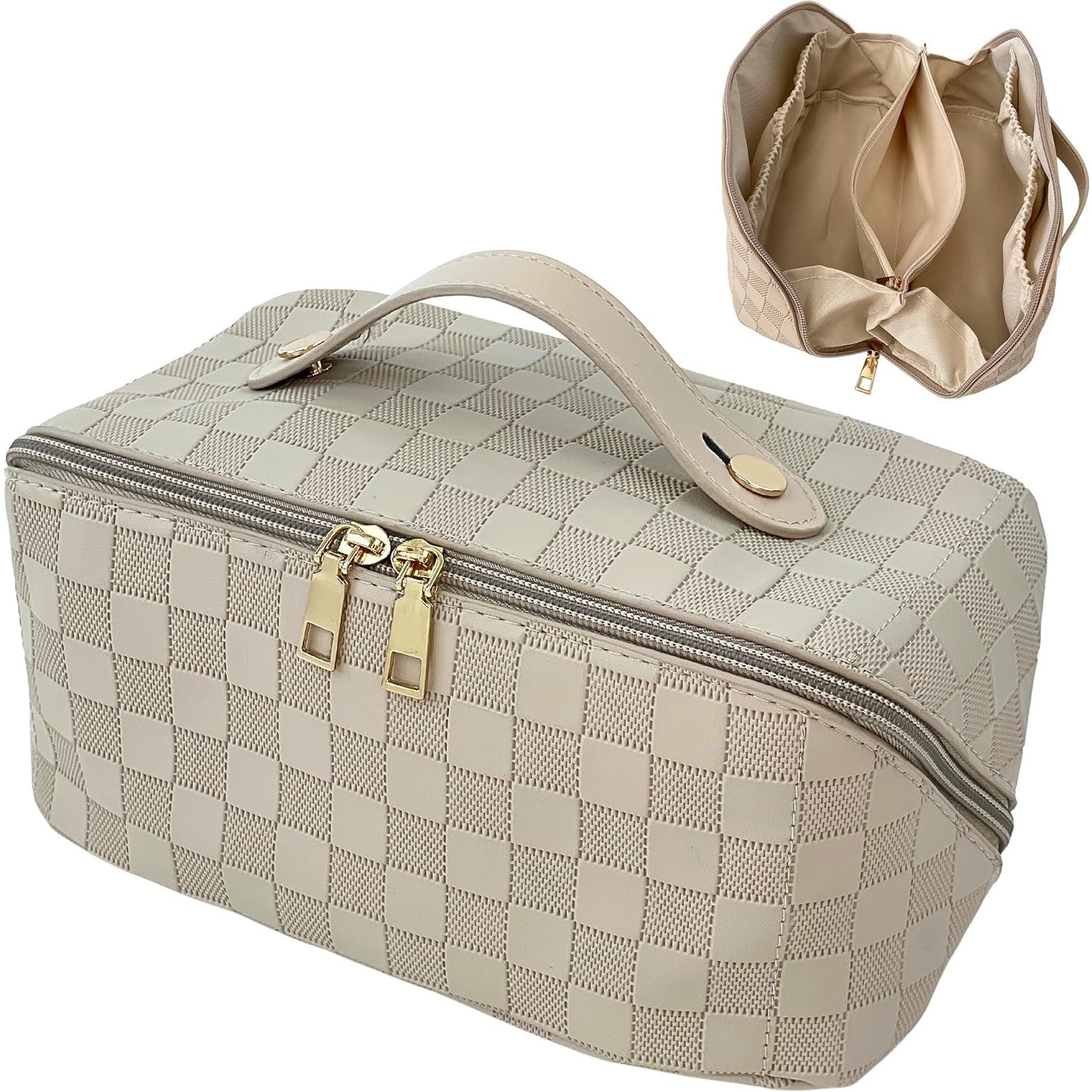 Geanta de Calatorie Flippy, Pentru Cosmetice, Portabila, Impermeabila, din Piele Ecologica, Compartimente Multiple, cu Fermoar, 22 x 13 x 12.5 cm, In Carouri, Crem-5