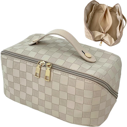 Geanta de Calatorie Flippy, Pentru Cosmetice, Portabila, Impermeabila, din Piele Ecologica, Compartimente Multiple, cu Fermoar, 22 x 13 x 12.5 cm, In Carouri, Crem-5