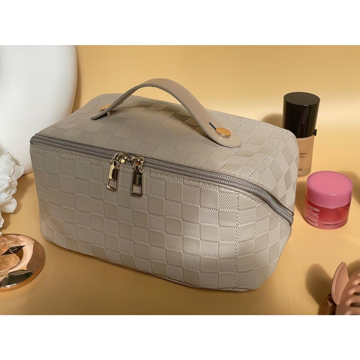 Geanta de Calatorie Flippy, Pentru Cosmetice, Portabila, Impermeabila, din Piele Ecologica, Compartimente Multiple, cu Fermoar, 22 x 13 x 12.5 cm, In Carouri, Crem-6