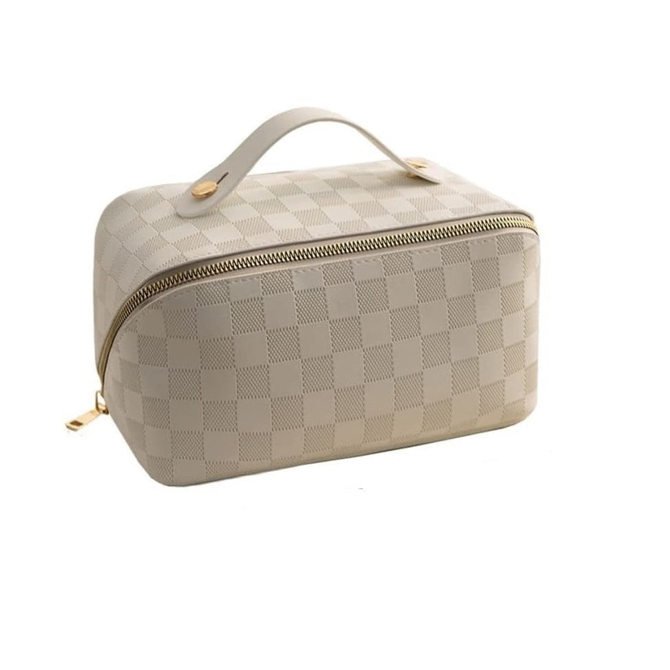 Geanta de Calatorie Flippy, Pentru Cosmetice, Portabila, Impermeabila, din Piele Ecologica, Compartimente Multiple, cu Fermoar, 22 x 13 x 12.5 cm, In Carouri, Crem-0