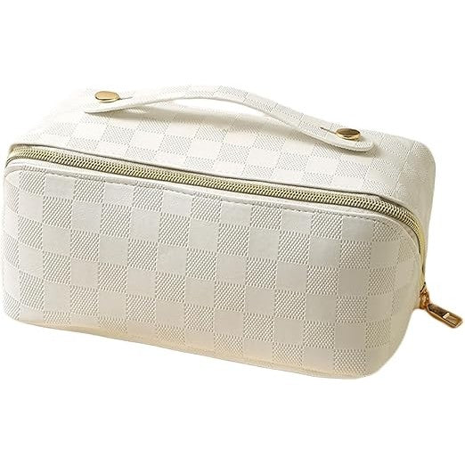 Geanta de Calatorie Flippy, Pentru Cosmetice, Portabila, Impermeabila, din Piele Ecologica, Compartimente Multiple, cu Fermoar, 22 x 13 x 12.5 cm, In Carouri, Alb-0