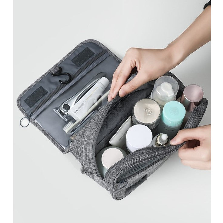 Geanta cosmetice voiaj, Flippy, material panza, impermeabil, 3 compartimente, cu agatatoare, Gri, 47 x 28 x 20   cm-1