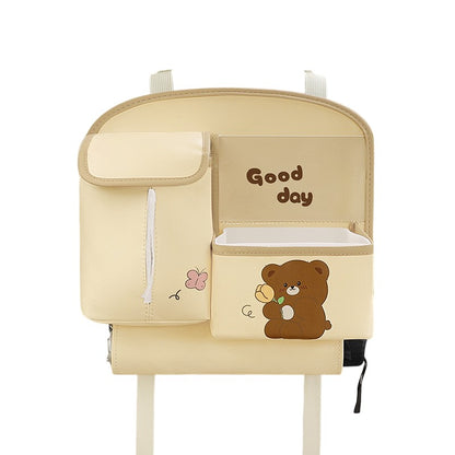 Geanta Multifunctionala de Depozitare, Flippy, pentru Bancheta din Spate a Masinii, Animat, Model Ursuleti, Scris Good Day, Suport Servetele si Telefon, 25x31 cm, Bej-0