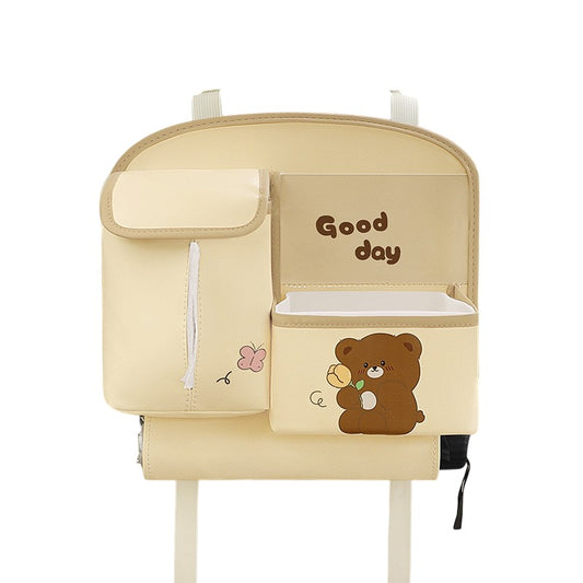 Geanta Multifunctionala de Depozitare, Flippy, pentru Bancheta din Spate a Masinii, Animat, Model Ursuleti, Scris Good Day, Suport Servetele si Telefon, 25x31 cm, Bej-0