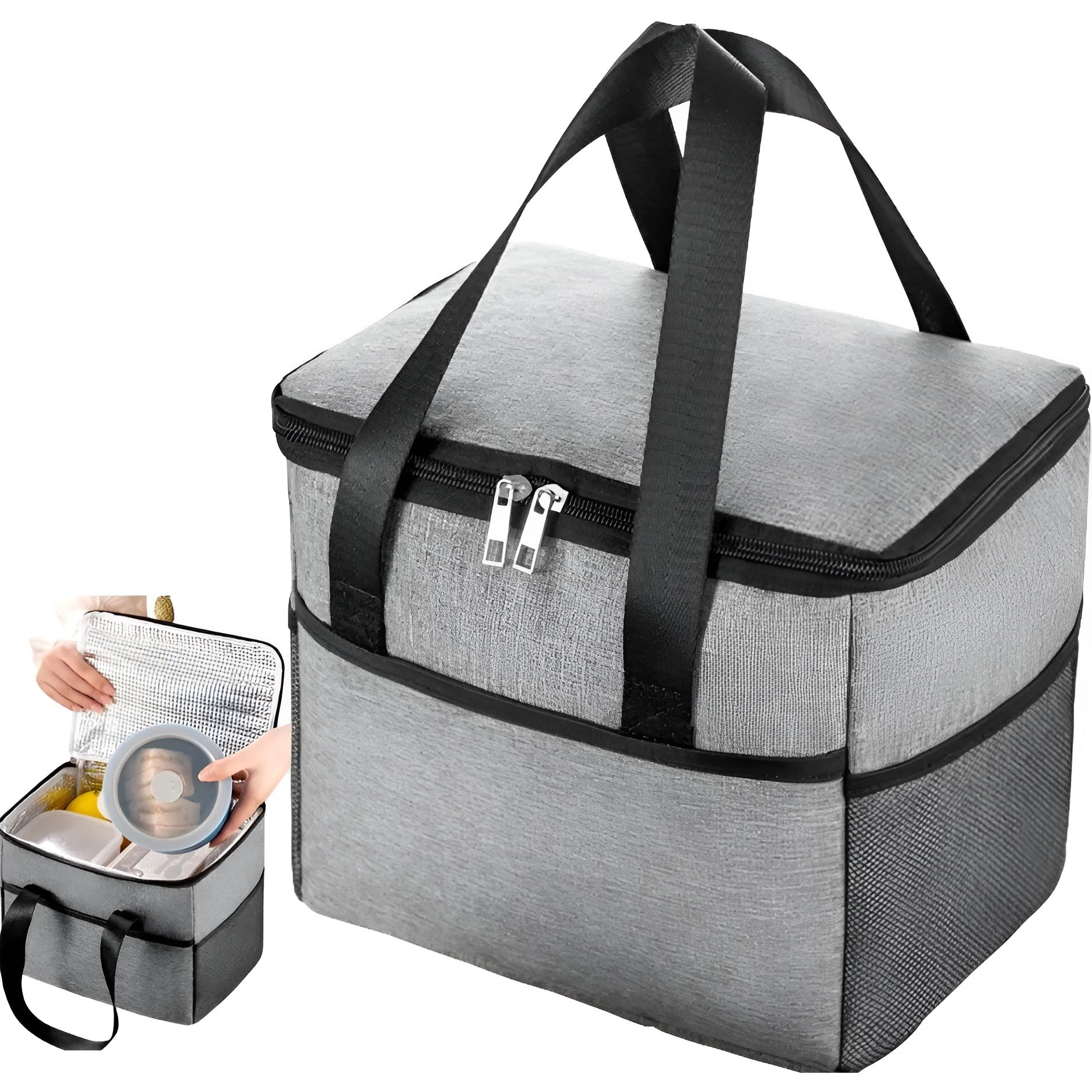 Geanta Termica Flippy pentru Pranz, Compartimente Telefon si Tacamuri, Multifunctionala, Impermeabila, 24x18x21 cm, Gri-3