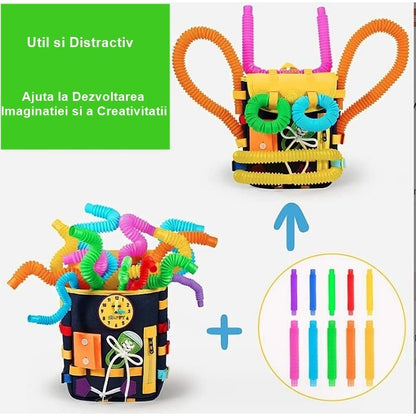 Ghiozdan Montessori, Flippy, pentru Copii 2-6 ani, Fidget Pop, cu Catarame si Fermoare, Jucarii Senzoriale, Activitate de Invatare prin Joc, Albastru Marin, 0.25 kg, 28x10x23 cm-3