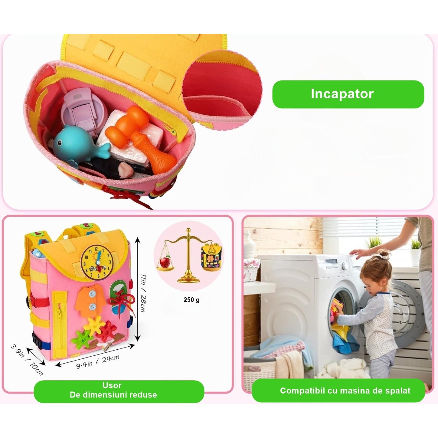 Ghiozdan Montessori, Flippy, pentru Copii 2-6 ani, Fidget Pop, cu Catarame si Fermoare, Jucarii Senzoriale, Activitate de Invatare prin Joc, Roz, 0.25 kg, 28x10x23 cm-2