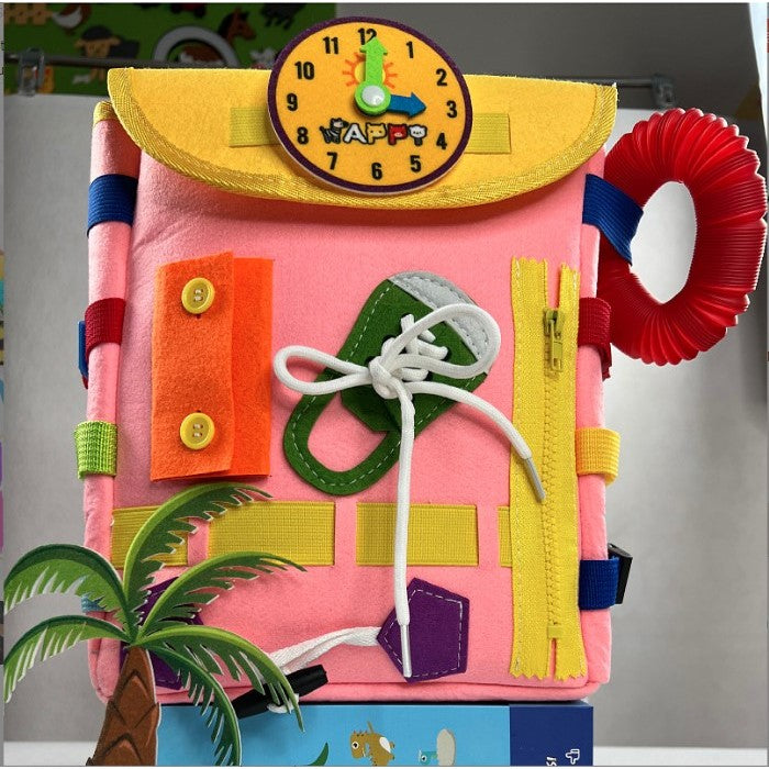Ghiozdan Montessori, Flippy, pentru Copii 2-6 ani, Fidget Pop, cu Catarame si Fermoare, Jucarii Senzoriale, Activitate de Invatare prin Joc, Roz, 0.25 kg, 28x10x23 cm-4