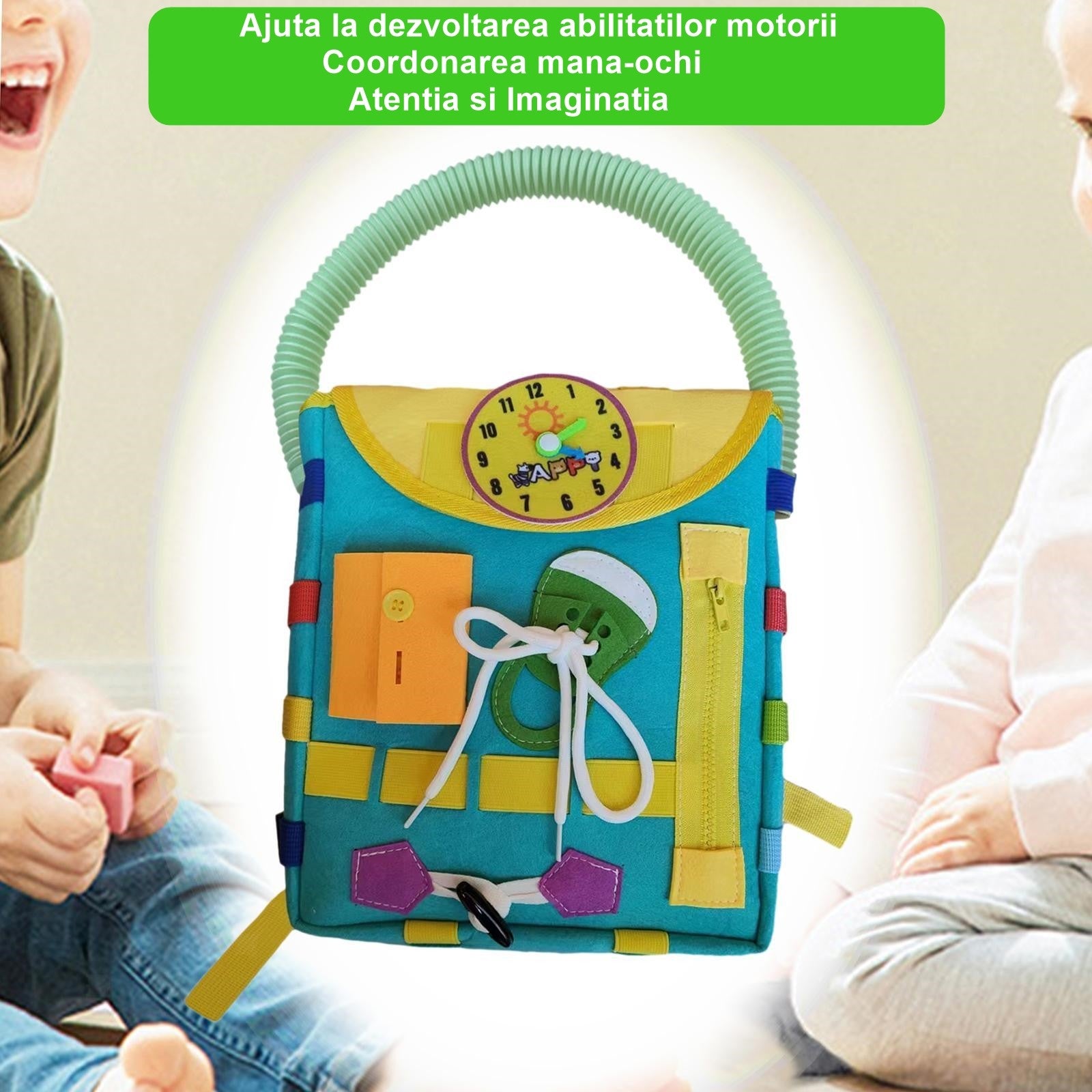 Ghiozdan Montessori, Flippy, pentru Copii 2-6 ani, Fidget Pop, cu Catarame si Fermoare, Jucarii Senzoriale, Activitate de Invatare prin Joc, Turcoaz, 0.25 kg, 28x10x23 cm-1