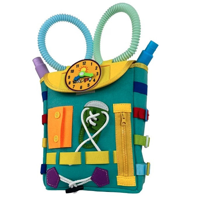 Ghiozdan Montessori, Flippy, pentru Copii 2-6 ani, Fidget Pop, cu Catarame si Fermoare, Jucarii Senzoriale, Activitate de Invatare prin Joc, Turcoaz, 0.25 kg, 28x10x23 cm-4