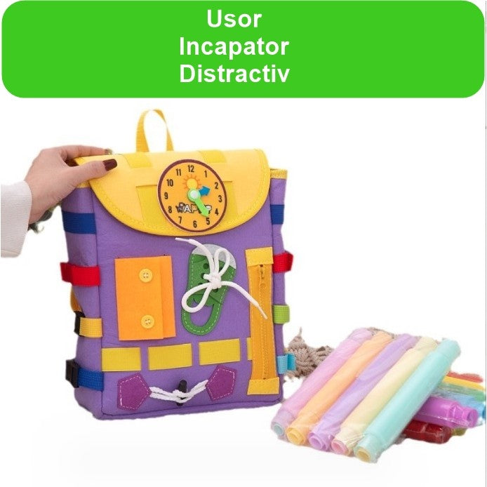 Ghiozdan Montessori, Flippy, pentru Copii 2-6 ani, Fidget Pop, cu Catarame si Fermoare, Jucarii Senzoriale, Activitate de Invatare prin Joc, Mov, 0.25 kg, 28x10x23 cm-1