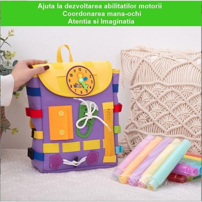 Ghiozdan Montessori, Flippy, pentru Copii 2-6 ani, Fidget Pop, cu Catarame si Fermoare, Jucarii Senzoriale, Activitate de Invatare prin Joc, Mov, 0.25 kg, 28x10x23 cm-2