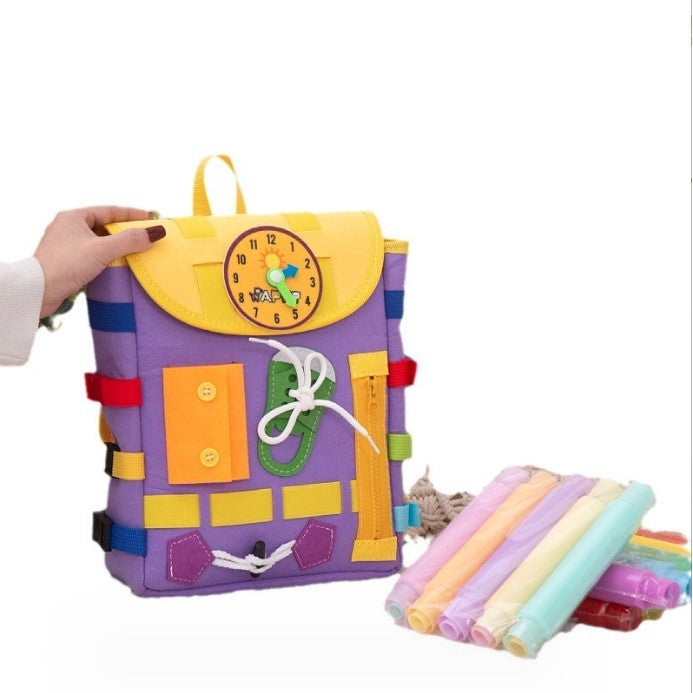 Ghiozdan Montessori, Flippy, pentru Copii 2-6 ani, Fidget Pop, cu Catarame si Fermoare, Jucarii Senzoriale, Activitate de Invatare prin Joc, Mov, 0.25 kg, 28x10x23 cm-3