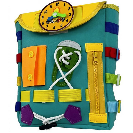 Ghiozdan Montessori, Flippy, pentru Copii 2-6 ani, Fidget Pop, cu Catarame si Fermoare, Jucarii Senzoriale, Activitate de Invatare prin Joc, Turcoaz, 0.25 kg, 28x10x23 cm-0
