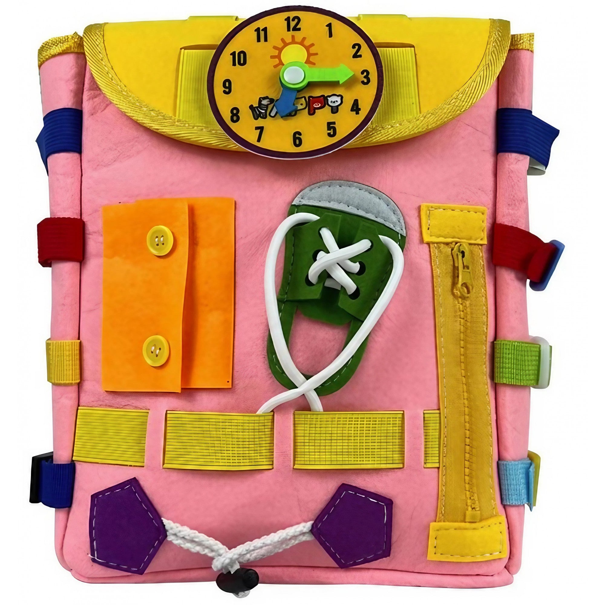 Ghiozdan Montessori, Flippy, pentru Copii 2-6 ani, Fidget Pop, cu Catarame si Fermoare, Jucarii Senzoriale, Activitate de Invatare prin Joc, Roz, 0.25 kg, 28x10x23 cm-0