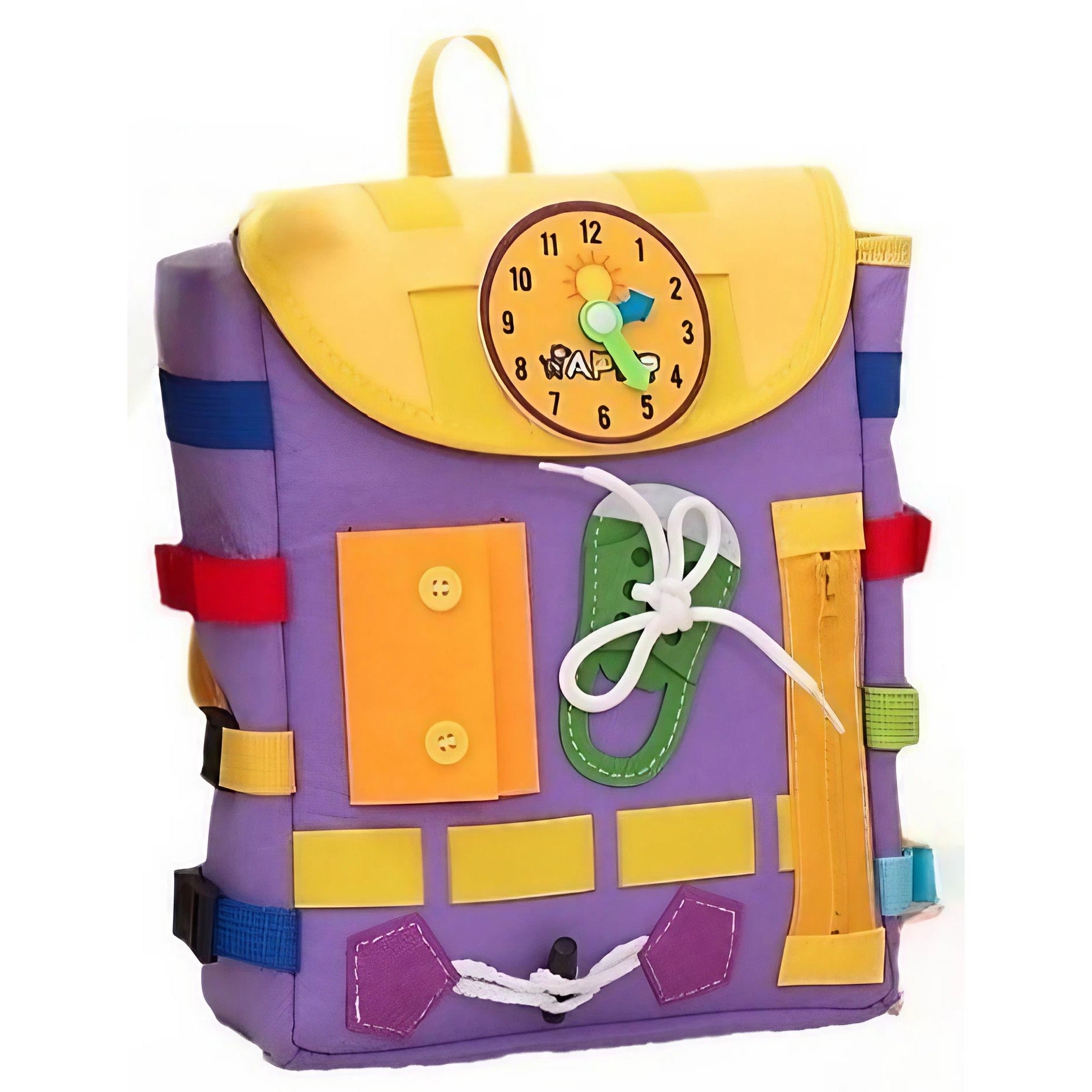 Ghiozdan Montessori, Flippy, pentru Copii 2-6 ani, Fidget Pop, cu Catarame si Fermoare, Jucarii Senzoriale, Activitate de Invatare prin Joc, Mov, 0.25 kg, 28x10x23 cm-0