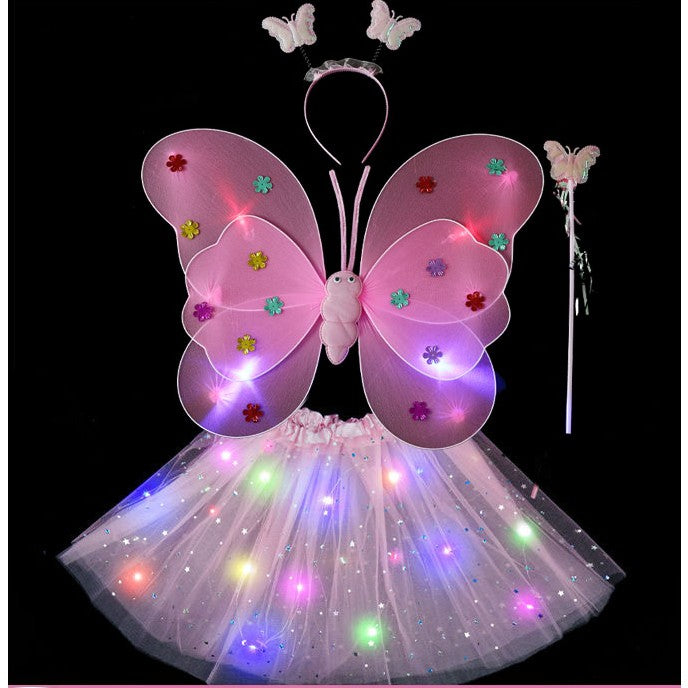 Costum Fluturas cu Aripi Modelabile Luminoase pentru Copii, Flippy, Fusta din Tul cu Lumini, Bagheta si Bentita, 4 piese, Pentru Halloween, Cosplay, Craciun, Carnaval, Paste, Ziua Copilului, Bumbac/Poliester, Marime universala, Roz-0