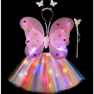 Costum Fluturas cu Aripi Modelabile Luminoase pentru Copii, Flippy, Fusta din Tul cu Lumini, Bagheta si Bentita, 4 piese, Pentru Halloween, Cosplay, Craciun, Carnaval, Paste, Ziua Copilului, Bumbac/Poliester, Marime universala, Curcubeu-0