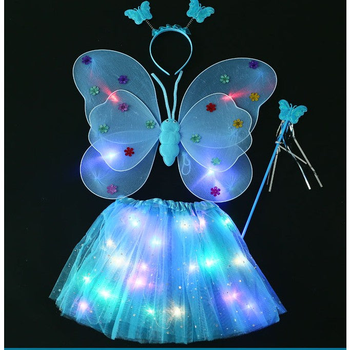 Costum Fluturas cu Aripi Modelabile Luminoase pentru Copii, Flippy, Fusta din Tul cu Lumini, Bagheta si Bentita, 4 piese, Pentru Halloween, Cosplay, Craciun, Carnaval, Paste, Ziua Copilului, Bumbac/Poliester, Marime universala, Albastru-0