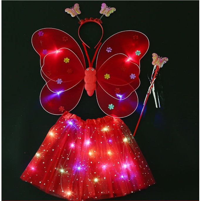 Costum Fluturas cu Aripi Modelabile Luminoase pentru Copii, Flippy, Fusta din Tul cu Lumini, Bagheta si Bentita, 4 piese, Pentru Halloween, Cosplay, Craciun, Carnaval, Paste, Ziua Copilului, Bumbac/Poliester, Marime universala, Rosu-0