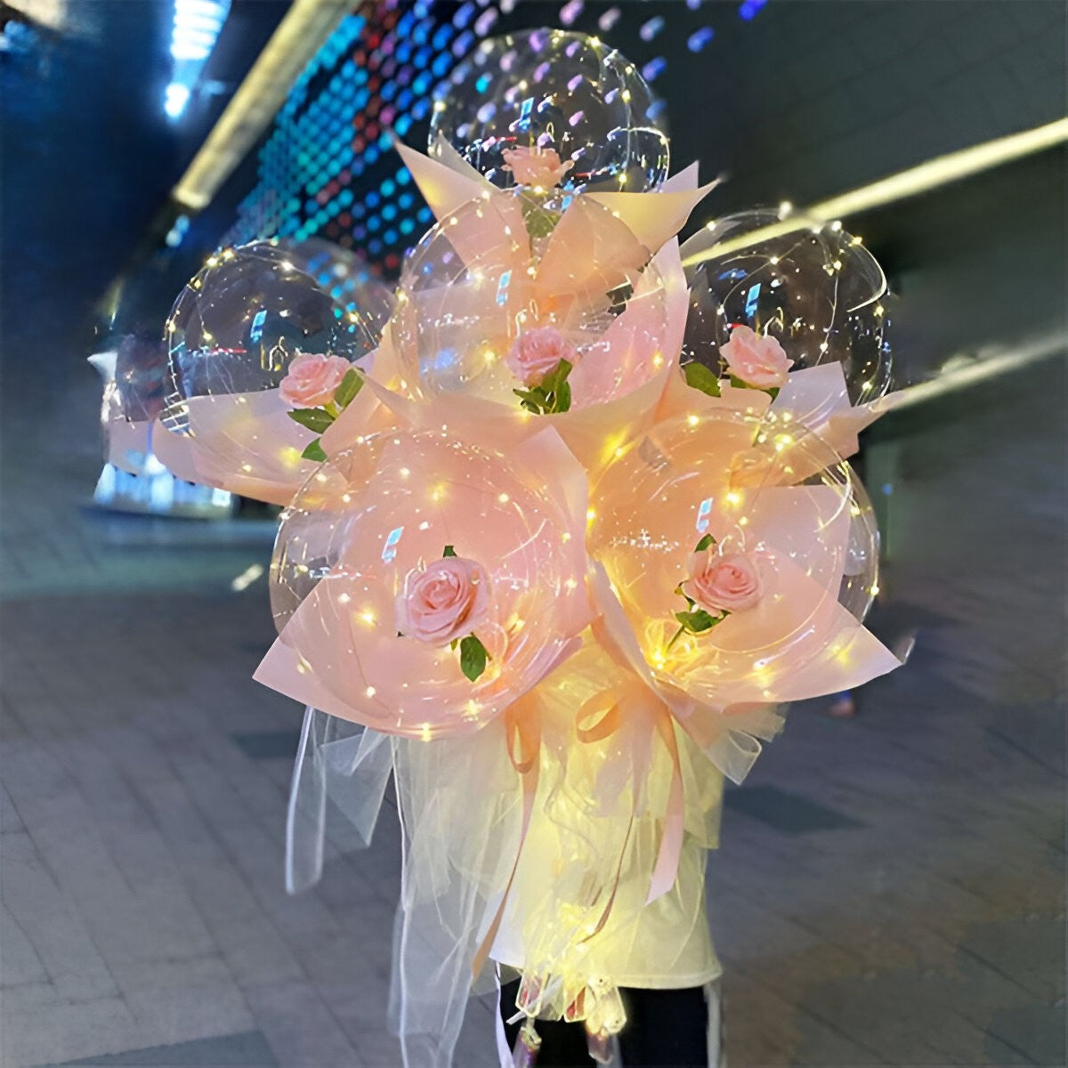 Trandafir in Balon LED cu Lumini, Flippy, Tip Buchet, Diametru 35 cm, Roz-3