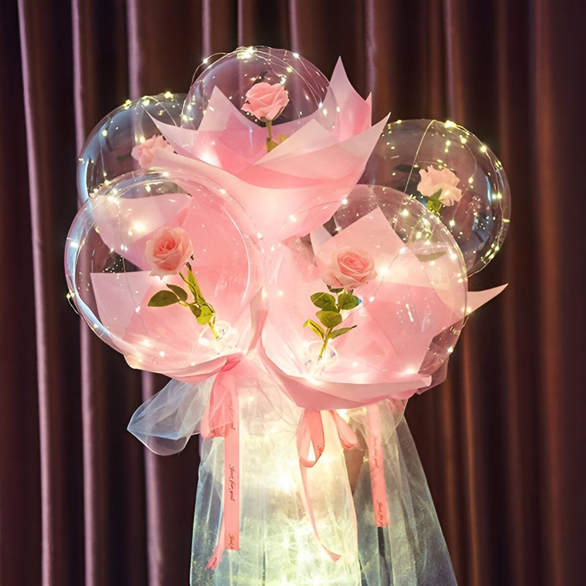 Trandafir in Balon LED cu Lumini, Flippy, Tip Buchet, Diametru 35 cm, Roz-4