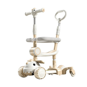 Trotineta Multifunctionala 6 in 1, Flippy, Pentru Copii De La 10 Luni Pana La 12 Ani, Cu Maner De Impingere, Reglabil 360, Pliere Usoara, Reglarea Inaltimii, Model Dinozaur, Alb/Bej-0