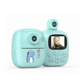 Camera Instantanee pentru Copii, Flippy, cu Functie de Printare, cablu USB-C, Bluetooth, compatibil iOS/Android, Imprimare APP, Model Dino, Turcoaz-0