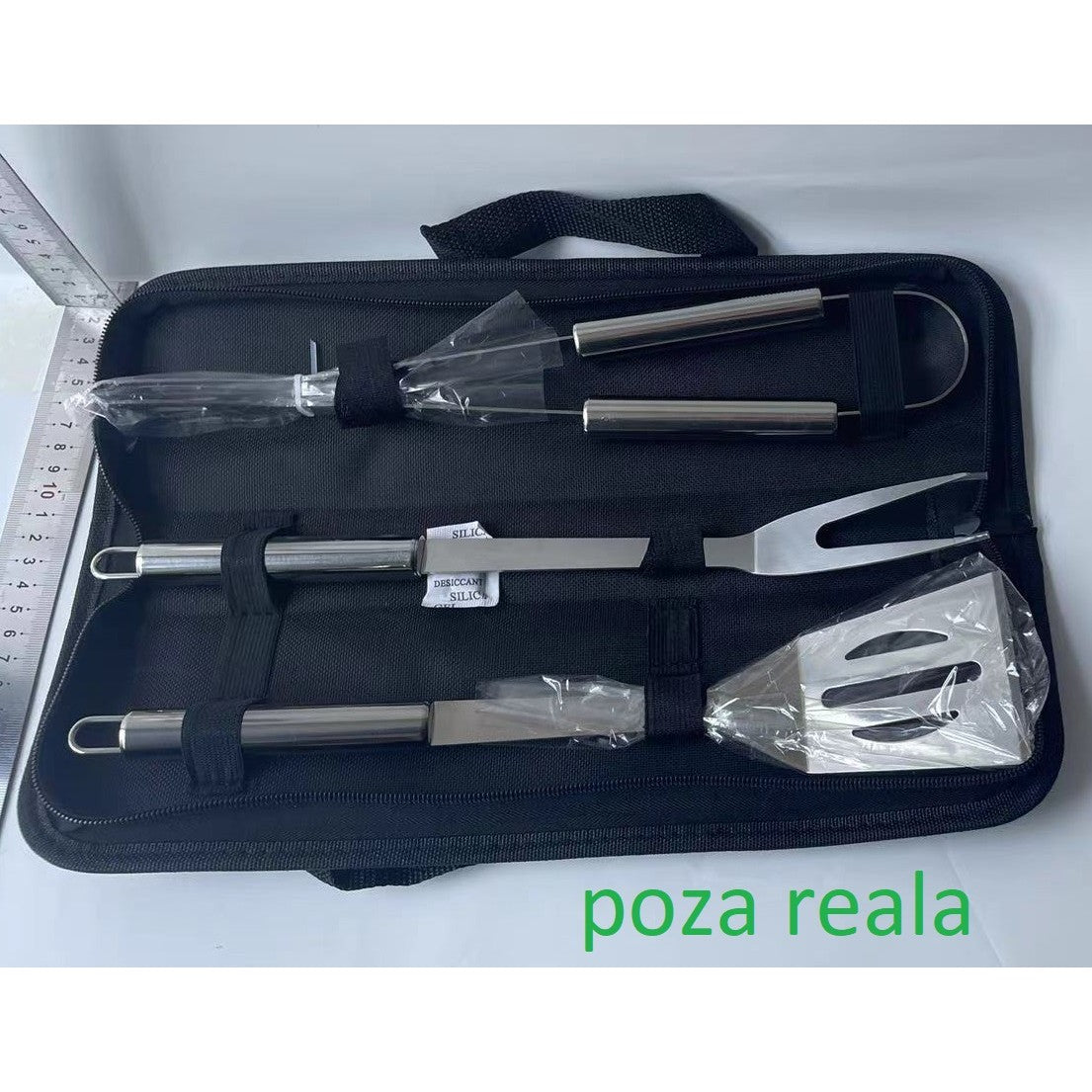Set 3 Ustensile pentru Gratar, Flippy, din Otel Inoxidabil, Geanta Oxford, Argintiu-1