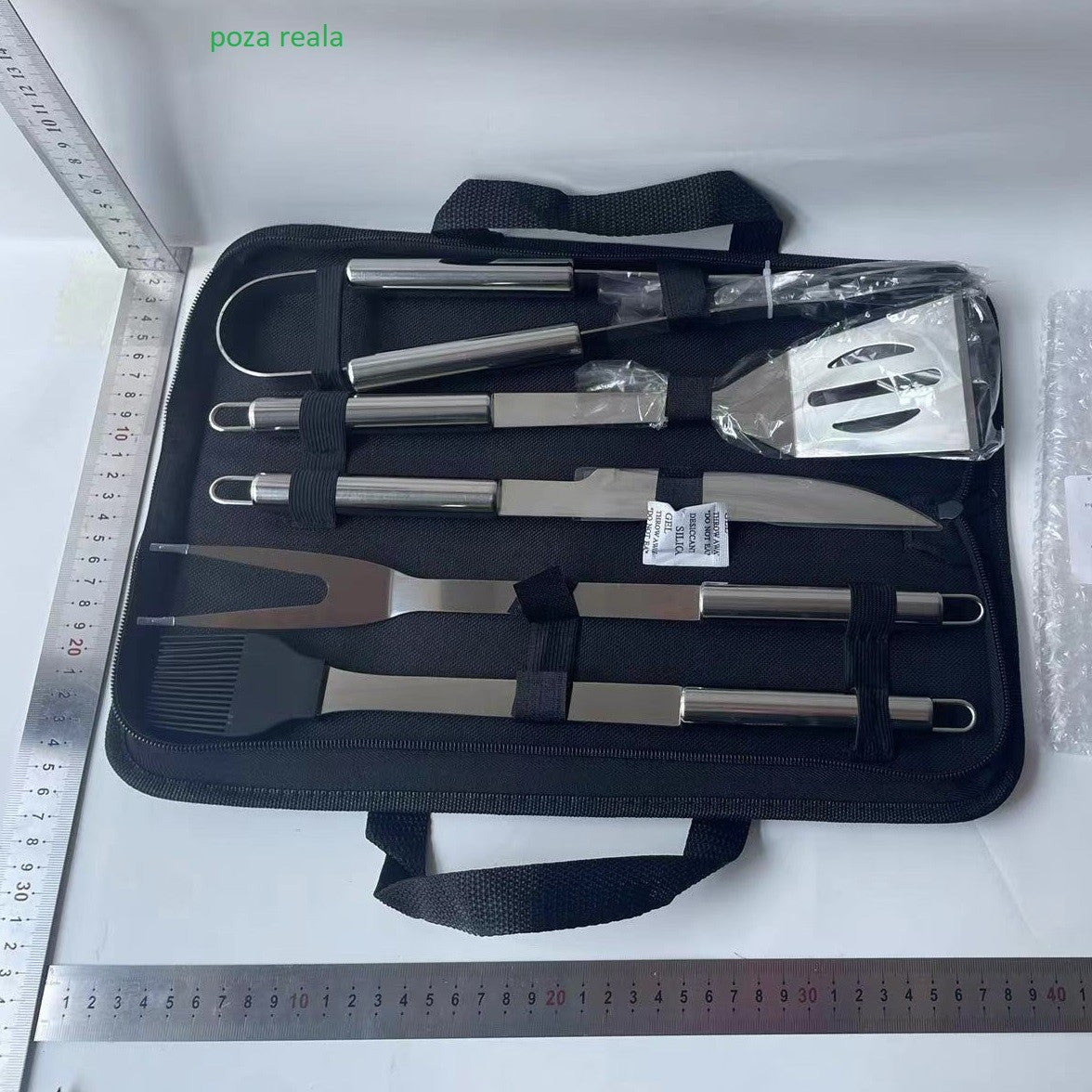 Set 5 Ustensile pentru Gratar, Flippy, din Otel Inoxidabil, Geanta Oxford, Argintiu-1