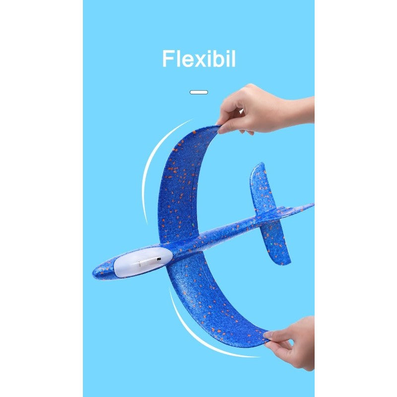 Avion planor din polistiren in punga , lungime 47 cm , cu lumini pe cap, Albastru , Flippy-1
