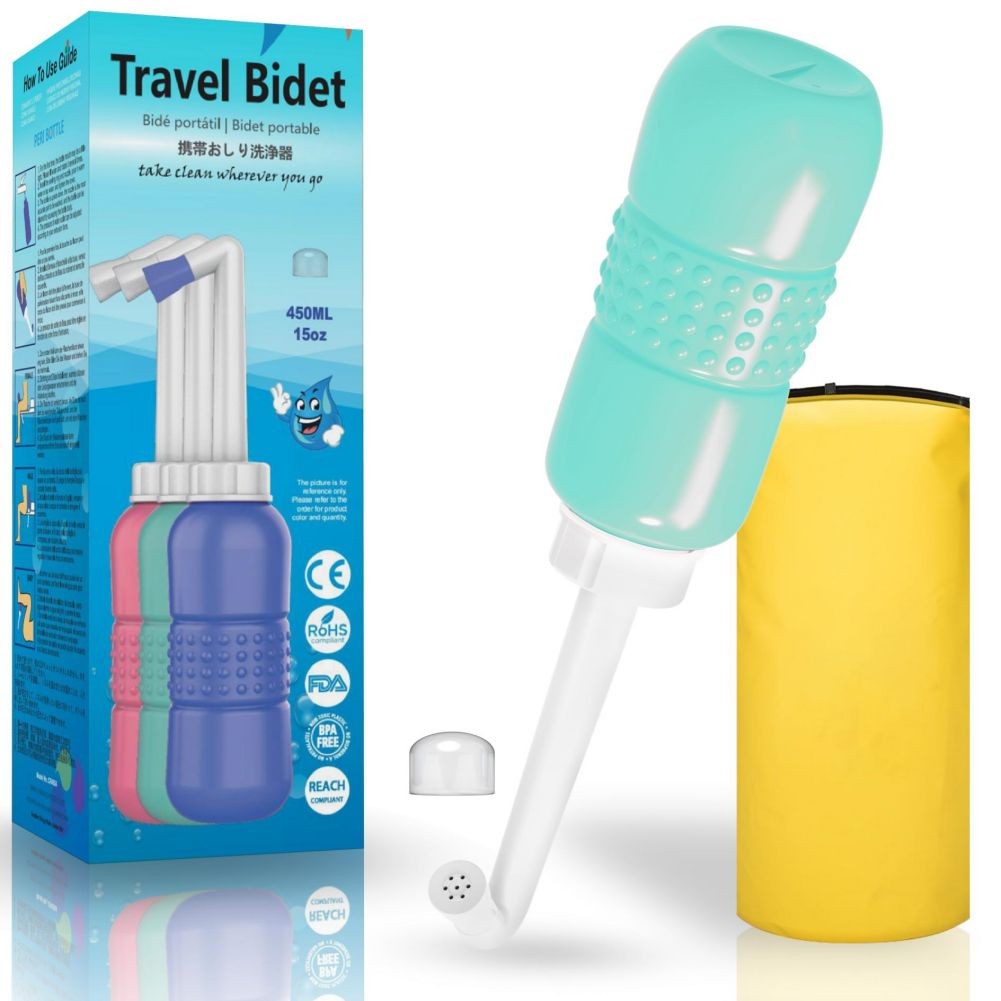 Bideu Portabil, Flippy, pentru Postpartum/ Postoperator, 450 mL, cu Capac si Husa Galbena, Culoare Recipient Verde-0