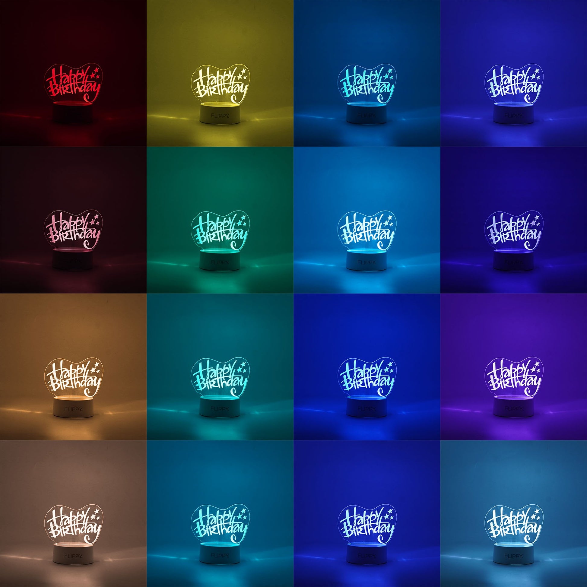 Lampa LED decorativa, Flippy, 3D, Happy Birthday, cu USB si baterii, 20 cm inaltime, din material acril, lumina multicolora si telecomanda inclusa, alb-1