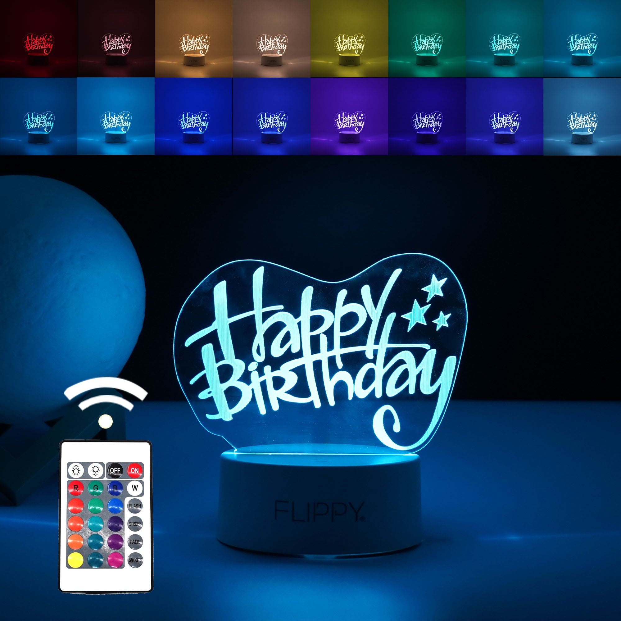 Lampa LED decorativa, Flippy, 3D, Happy Birthday, cu USB si baterii, 20 cm inaltime, din material acril, lumina multicolora si telecomanda inclusa, alb-0