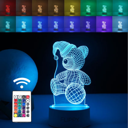 Lampa LED decorativa, Flippy, 3D, Urs cu palarie, cu telecomanda, doua moduri de alimentare USB si baterii, 20 cm inaltime, din material acril si lumina multicolora, alb-0
